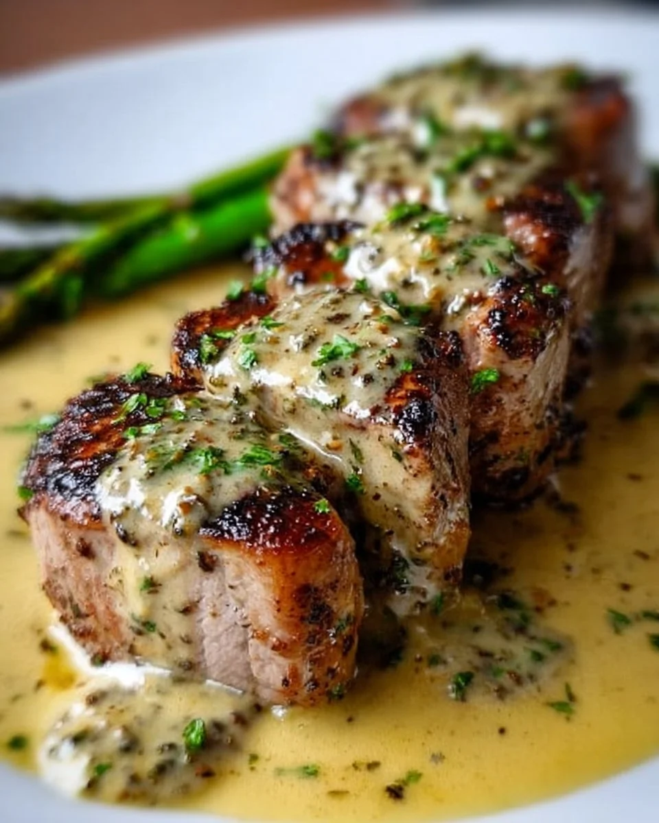 Pork Tenderloin with Creamy Dijon Sauce served on a plate