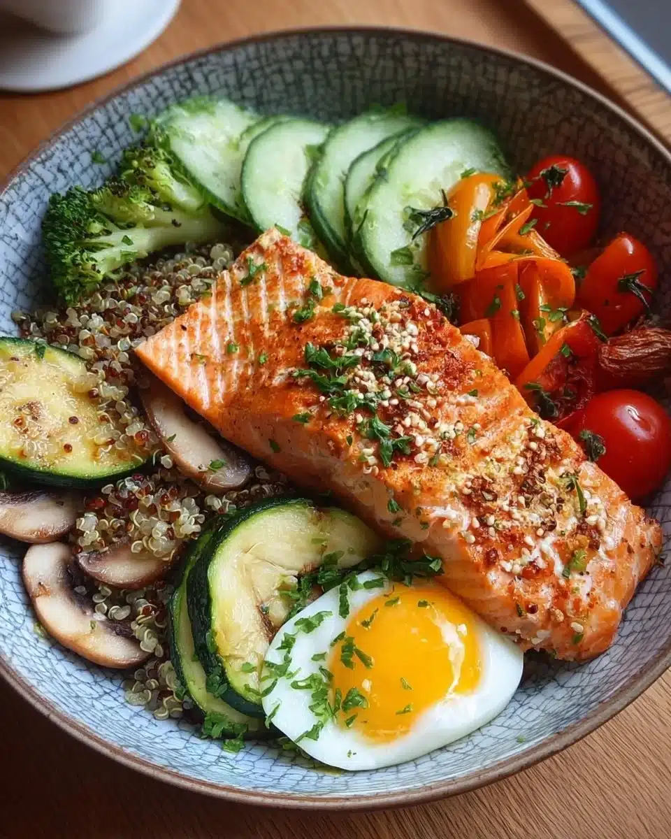 Power Protein Bowl with salmon, quinoa, and mixed vegetables for a healthy meal