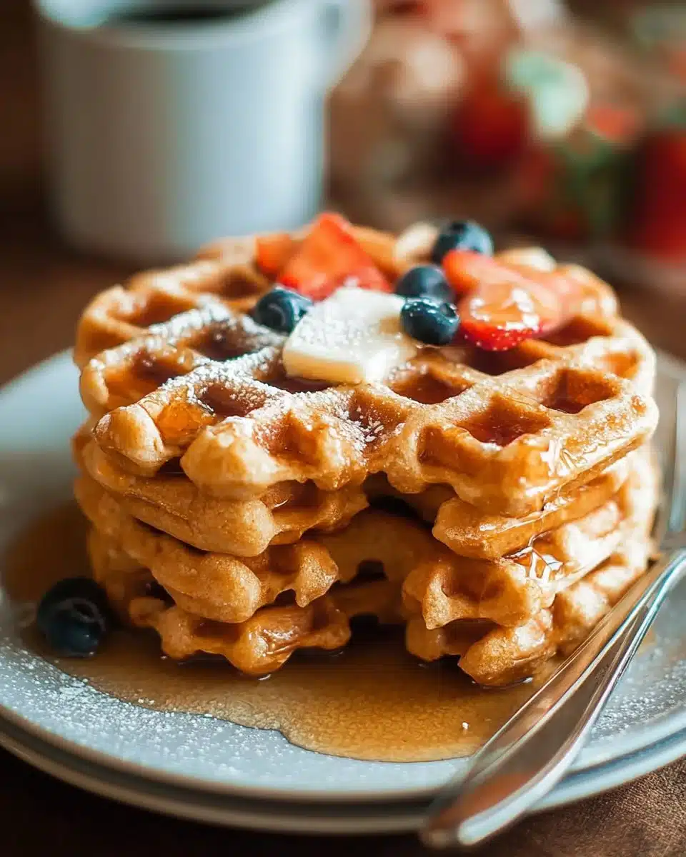 Delicious protein-packed waffles topped with fresh fruit and syrup