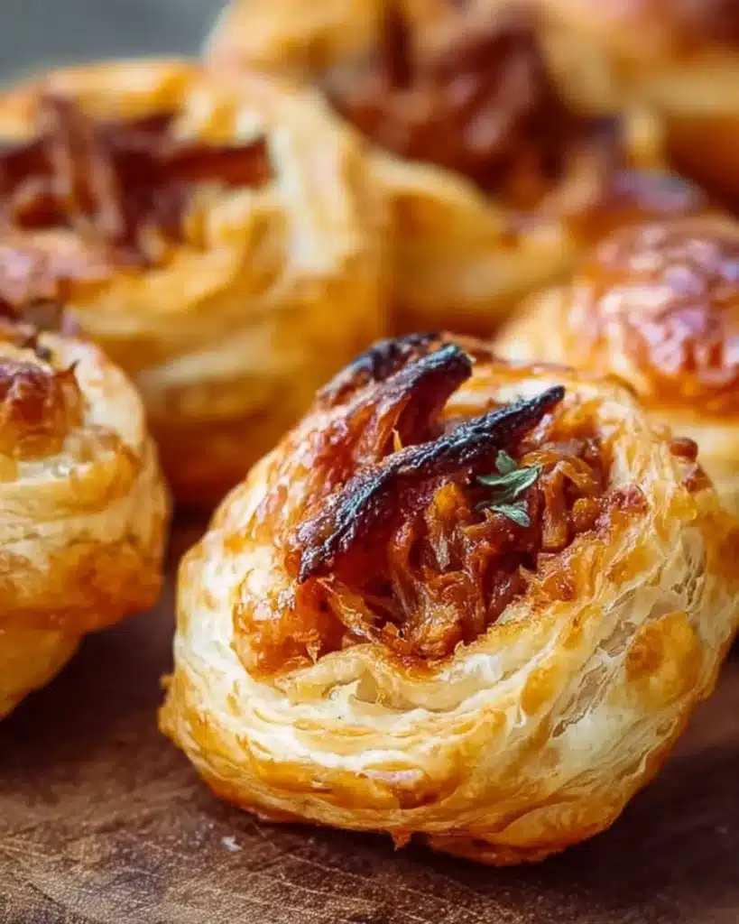 Savory pulled pork pastry puffs served on a plate with herbs.