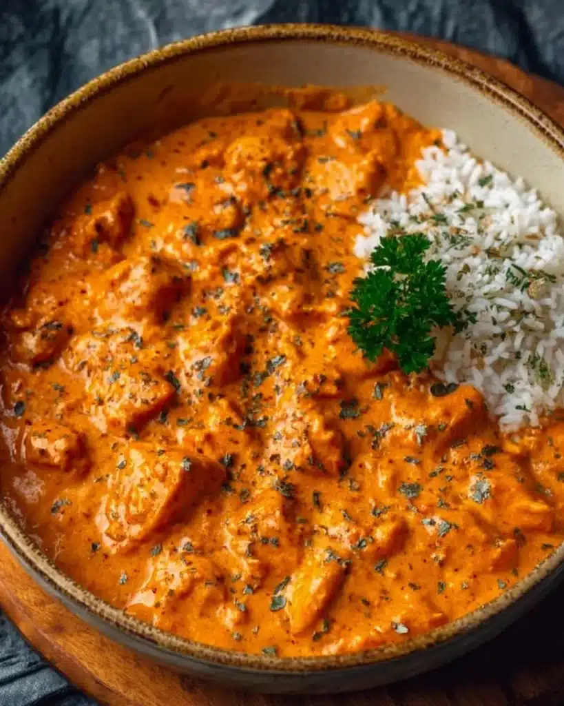 Delicious homemade butter chicken served with rice and naan bread