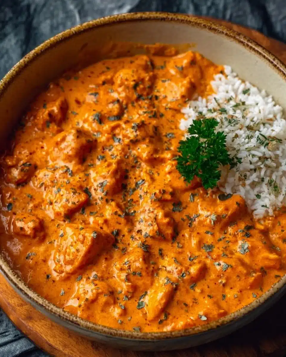 Delicious homemade butter chicken served with rice and naan bread
