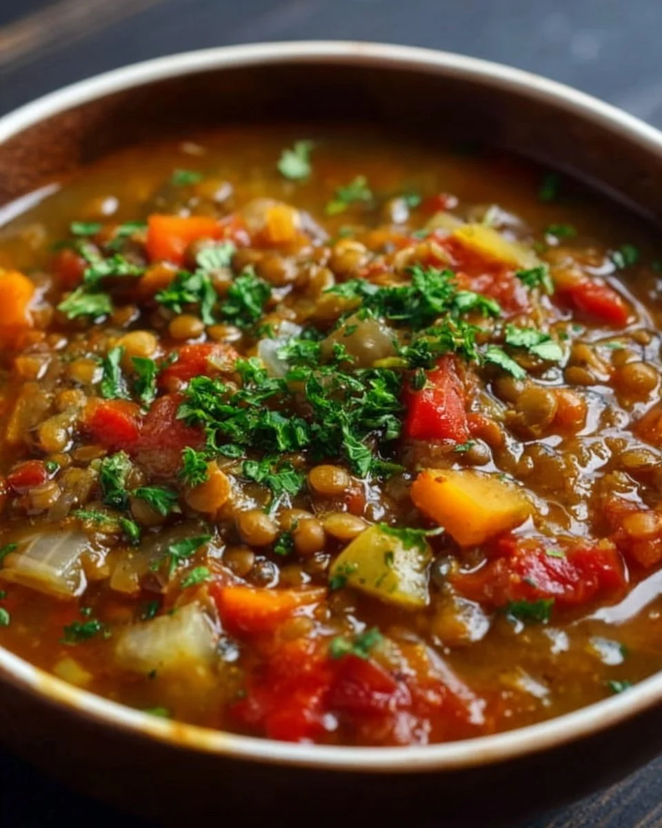 Bowl of delicious Quick Mediterranean Lentils Soup garnished with fresh herbs.