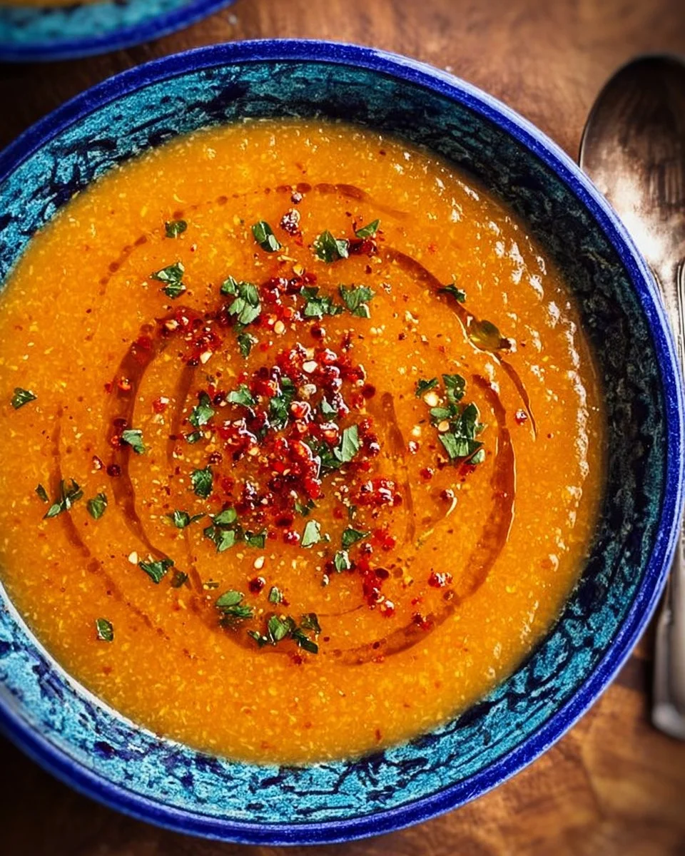 Bowl of Red Lentil Turkish Soup garnished with herbs and lemon