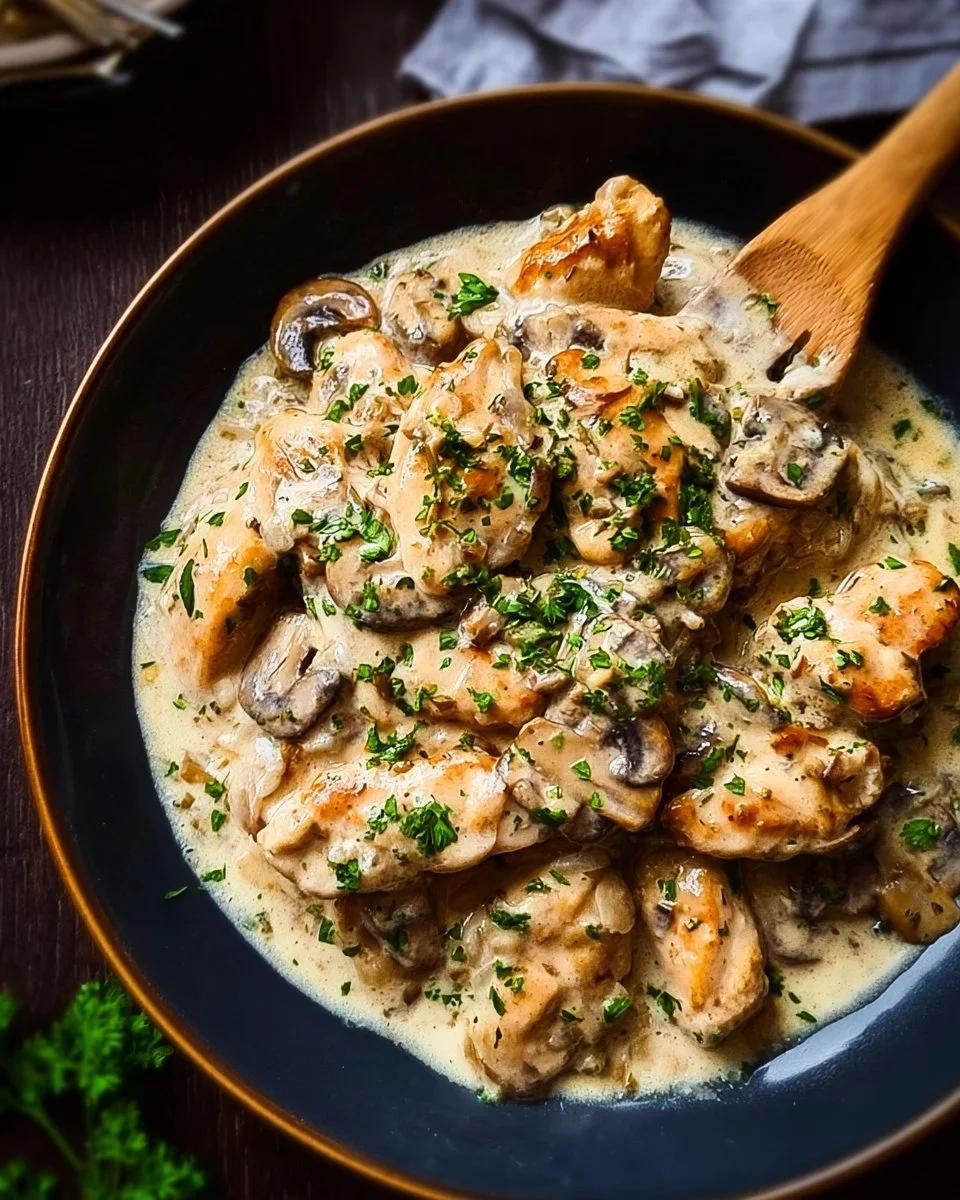 Creamy chicken stroganoff served with pasta on a rustic wooden table
