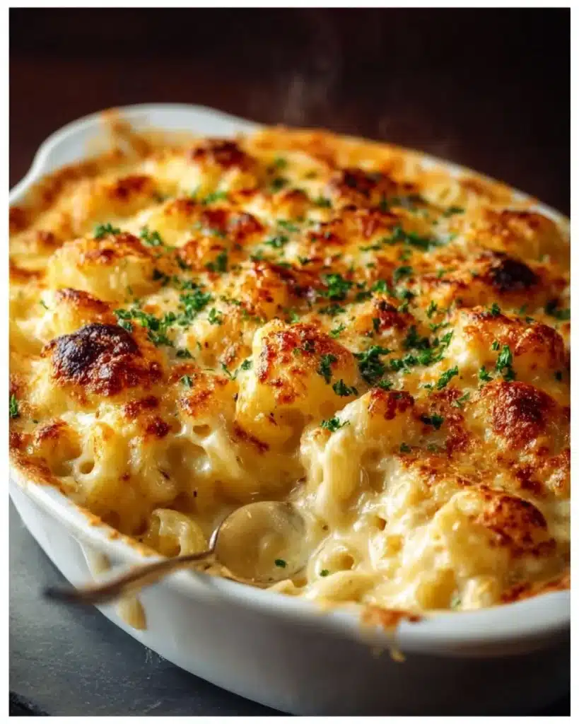 Delicious Ruth’s Chris Smoked Gouda Mac & Cheese topped with breadcrumbs.
