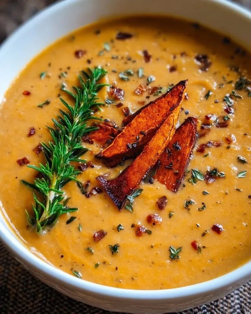 Bowl of savory Italian sweet potato soup garnished with herbs
