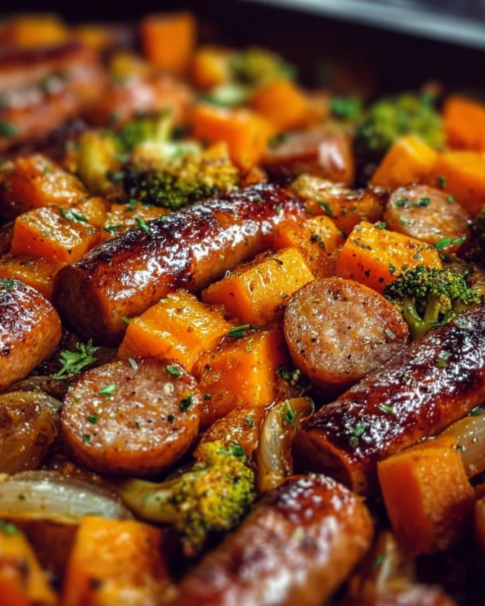 Sheet Pan Sausage and Sweet Potatoes with Honey Garlic Sauce – Cozy, Caramelized & Weeknight-Easy