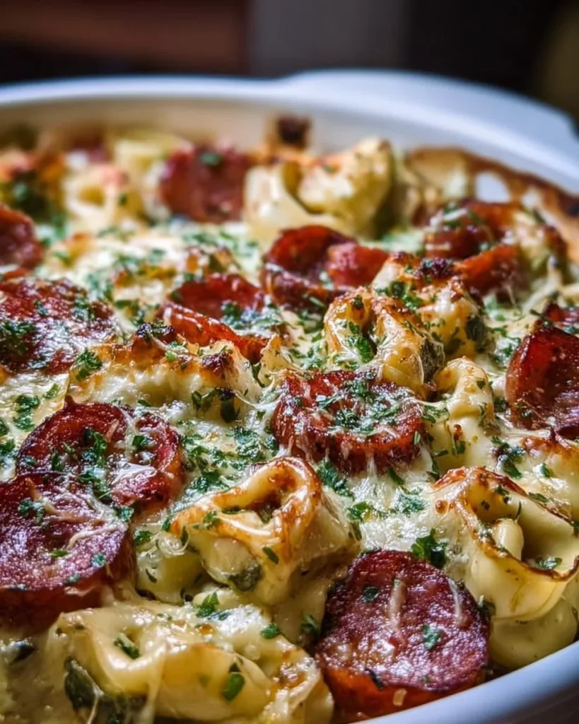 Delicious Sheet Pan Smoked Sausage Tortellini ready to serve
