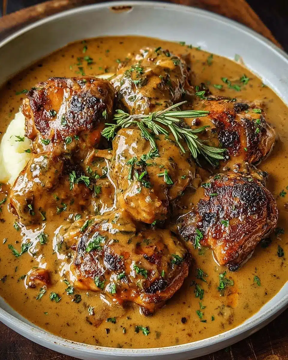 Delicious smothered chicken thighs in rich gravy ready to serve