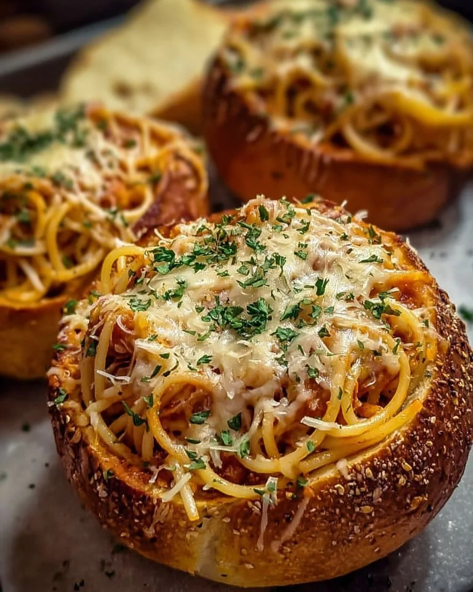 Spaghetti garlic bread bowls filled with savory pasta and garnished with herbs.