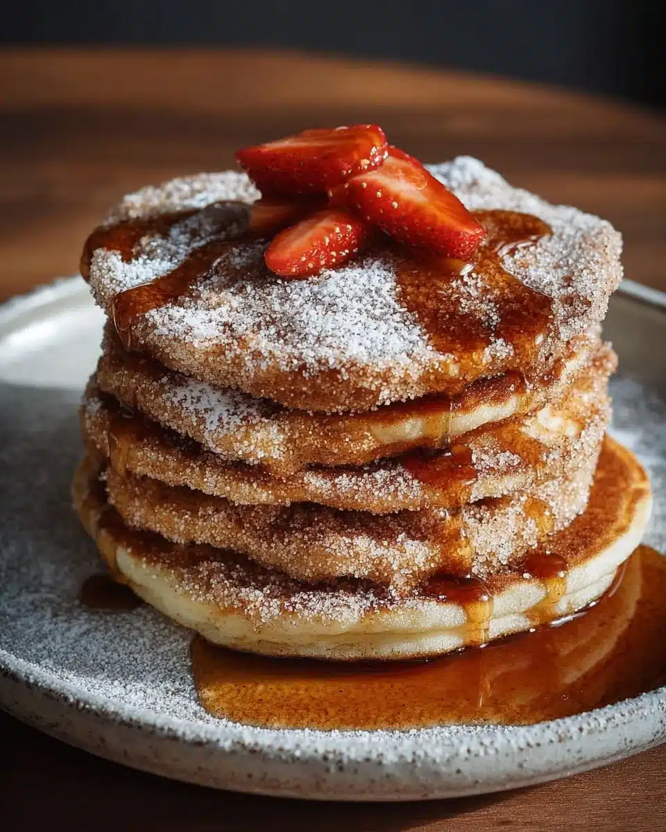 Delicious churro pancakes topped with chocolate sauce and cinnamon sugar