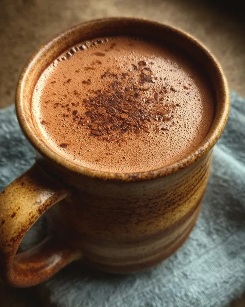 A steaming cup of spiced hot cocoa topped with whipped cream and cinnamon.
