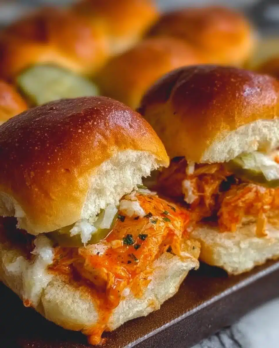 Spicy Buffalo Chicken Sliders on a serving platter with garnishes.