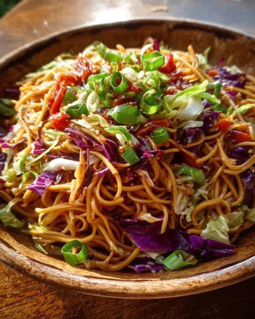 Delicious Spicy Hoisin Noodle Cabbage Slaw served in a bowl