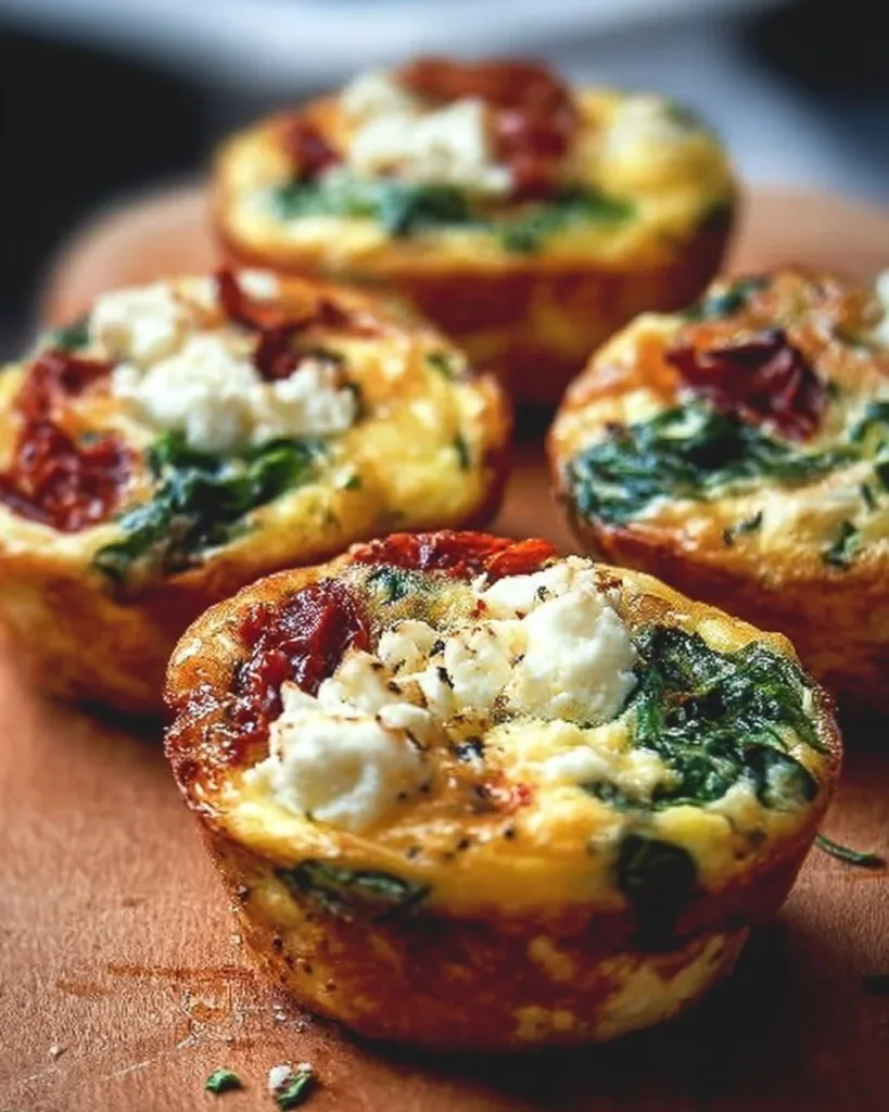 Spinach, feta, and sun-dried tomato egg muffins on a plate