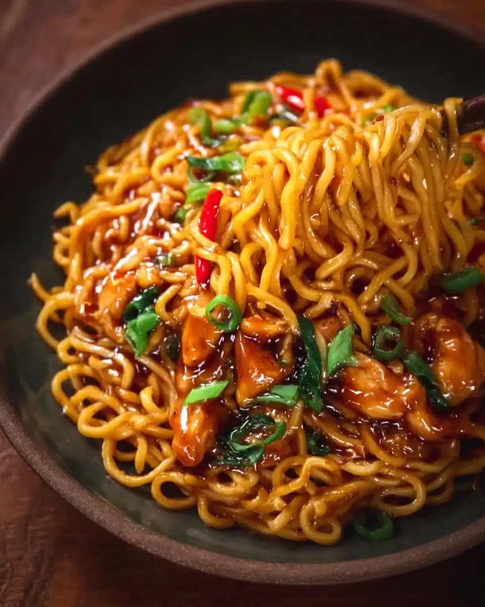 Delicious sticky garlic chicken noodles served in a bowl with fresh herbs and vegetables.