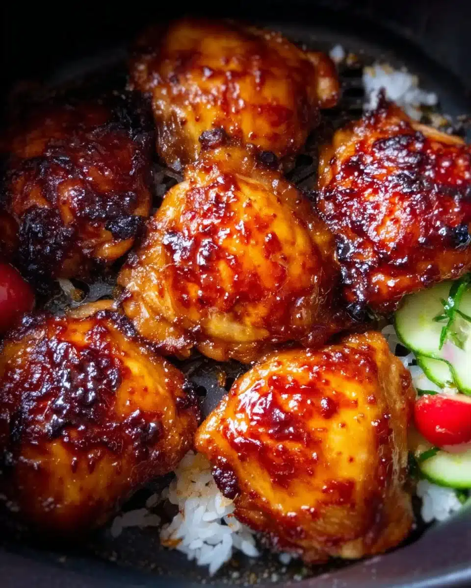 Delicious sticky sweet chili chicken thighs served with vibrant garnishes