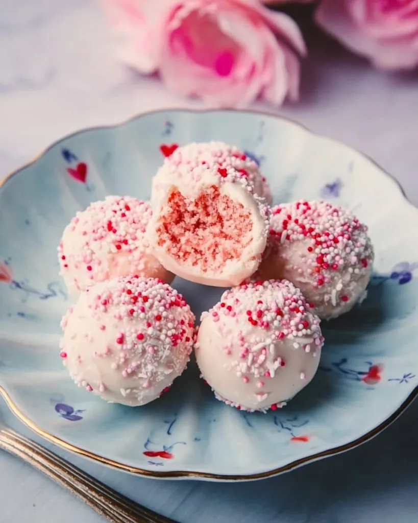 Delightful strawberry cake truffles decorated with colorful sprinkles