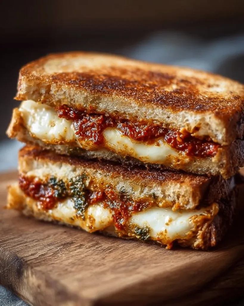 Sun-Dried Tomato Pesto Grilled Cheese sandwich with melted cheese and fresh ingredients