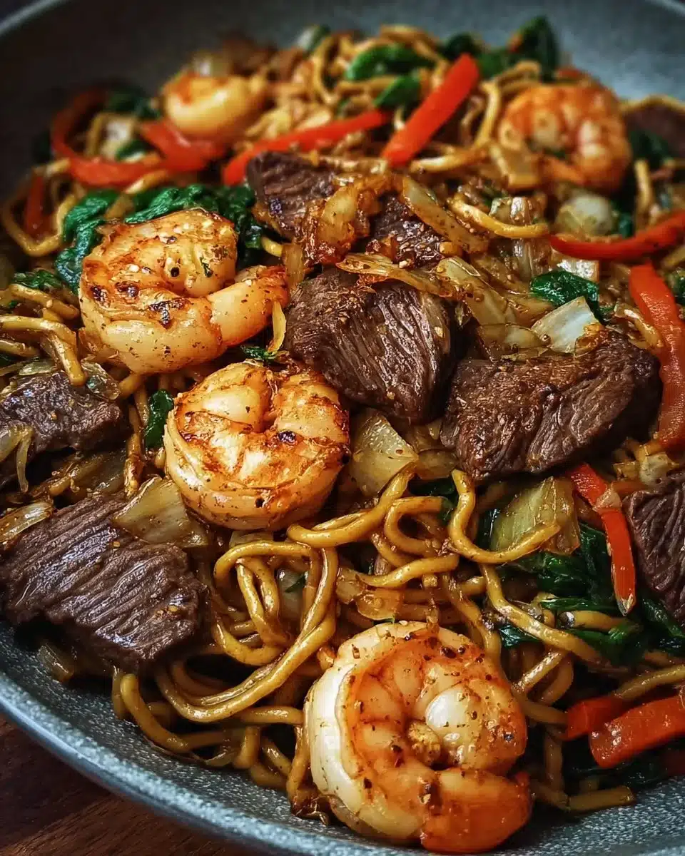 Surf & Turf Noodle Stir-Fry with Steak and Shrimp served in a bowl