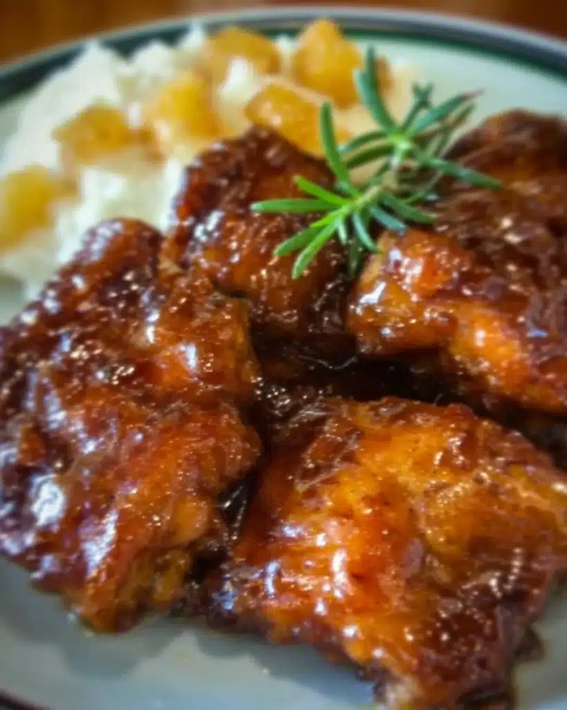 A delicious serving of Sweet Hawaiian Crock Pot Chicken garnished with pineapple and green onions.