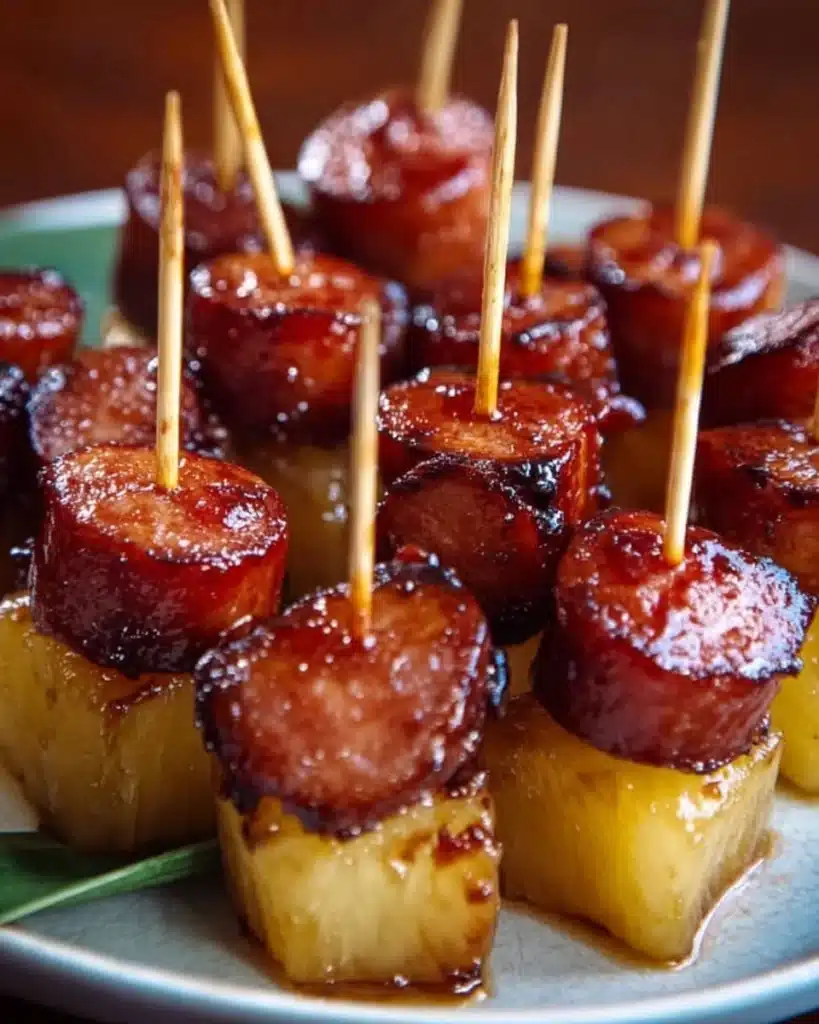Sweet-savory glazed kielbasa bites with pineapple on a serving platter
