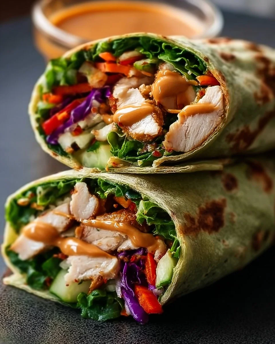 Thai Peanut Chicken Wraps garnished with vegetables and peanut sauce
