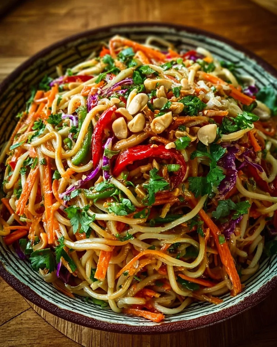 Colorful Thai Peanut Noodle Salad with vegetables and peanut sauce