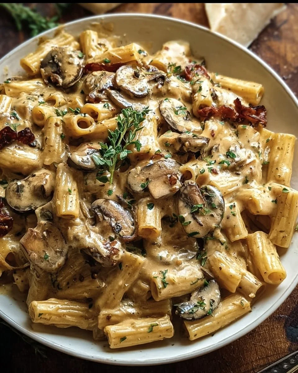 Tuscan mushroom pasta skillet garnished with fresh herbs