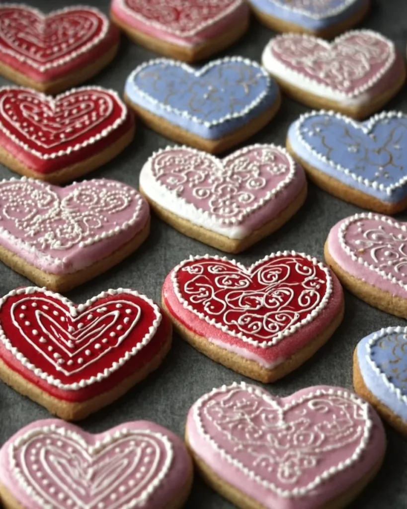Valentine heart cookies decorated with icing and sprinkles