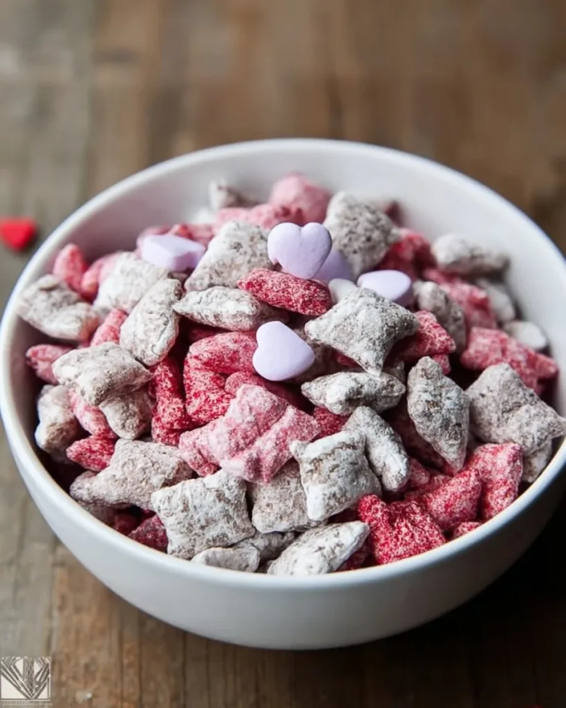 Valentine Puppy Chow festive snack with colorful decorations and chocolate.