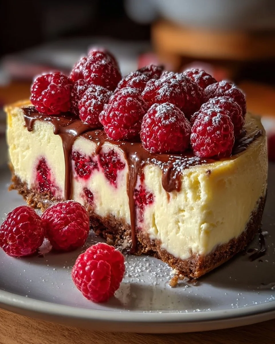 Delicious White Chocolate Raspberry Cheesecake with fresh raspberries on top
