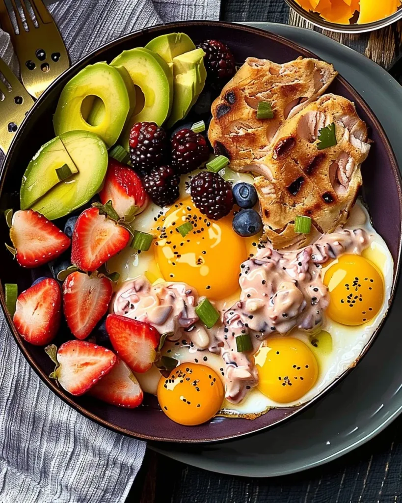 Variety of high-protein breakfast dishes including smoothies, oatmeal, and veggie bowls.