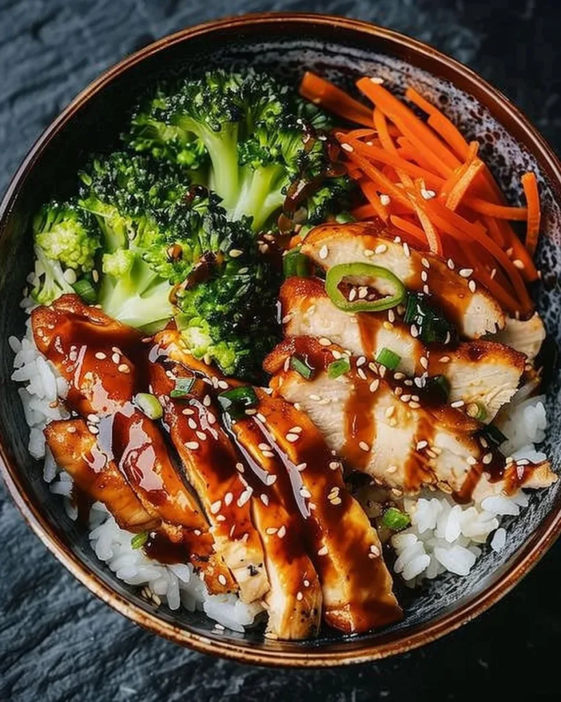Delicious 30-minute Teriyaki Chicken Bowl garnished with vegetables