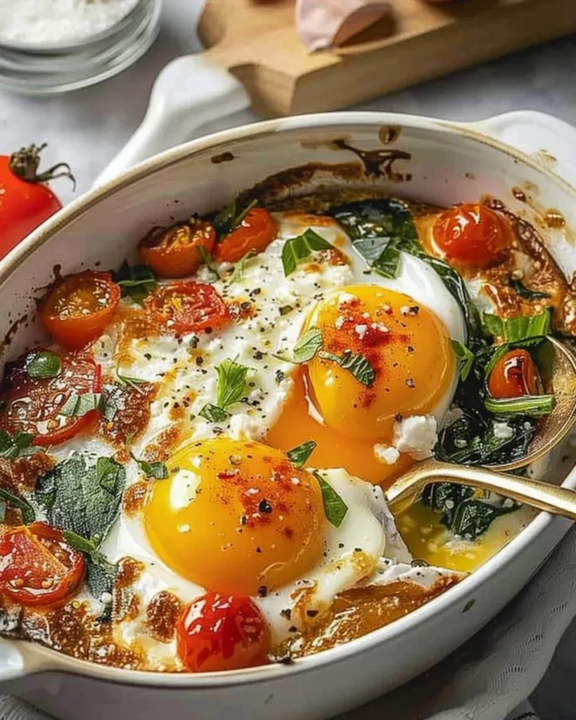 Baked feta eggs with tomatoes and spinach in a dish