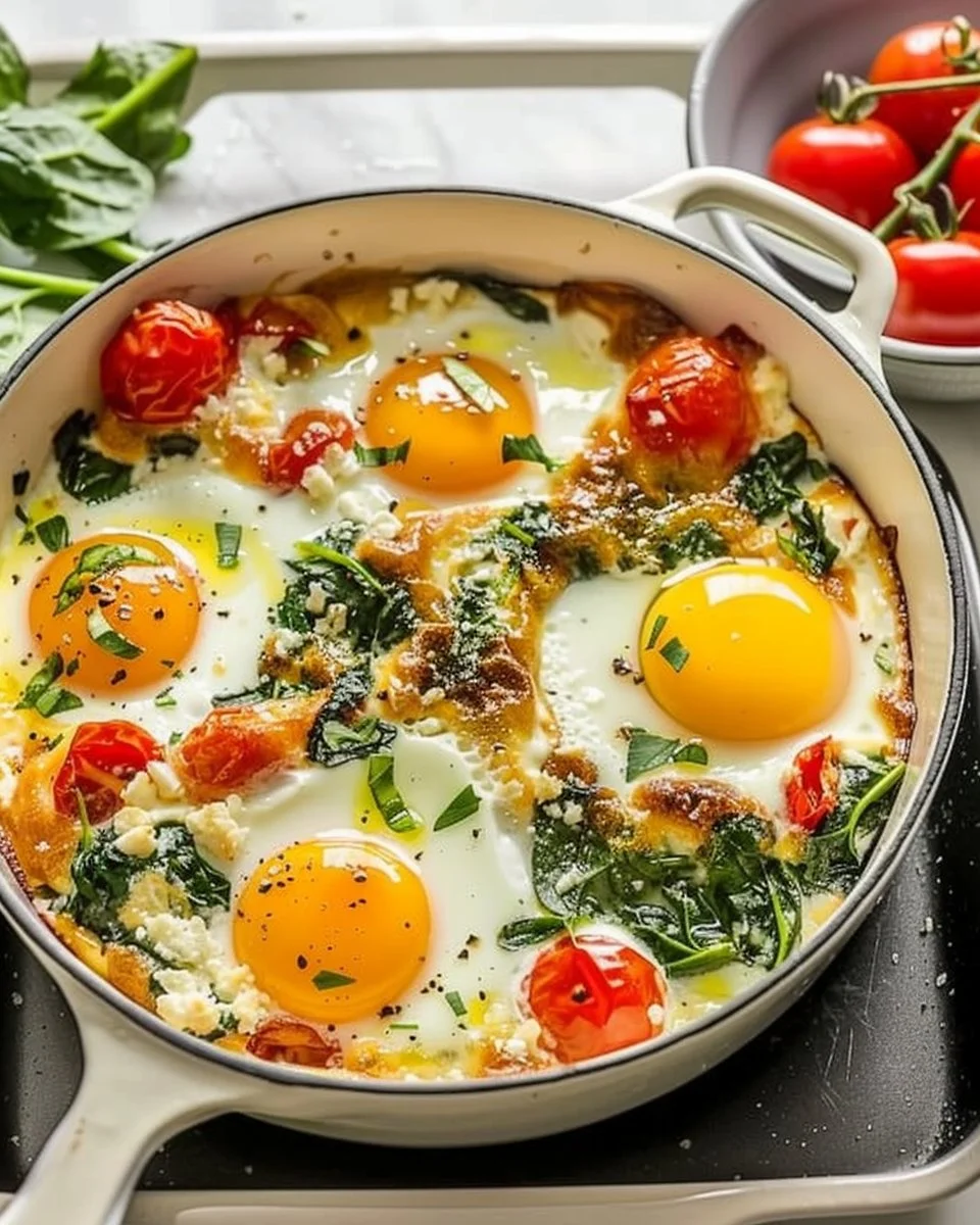 Baked Feta Eggs with Tomatoes and Spinach