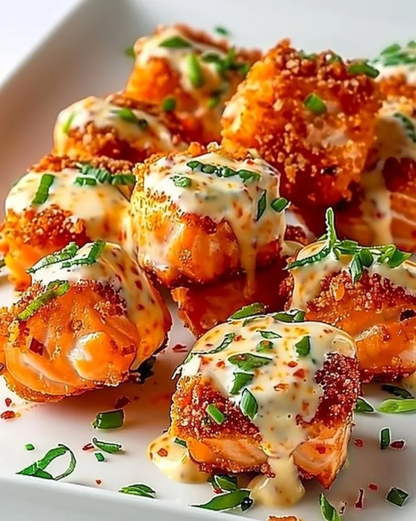 Crispy Bang Bang Salmon Bites served with spicy dipping sauce