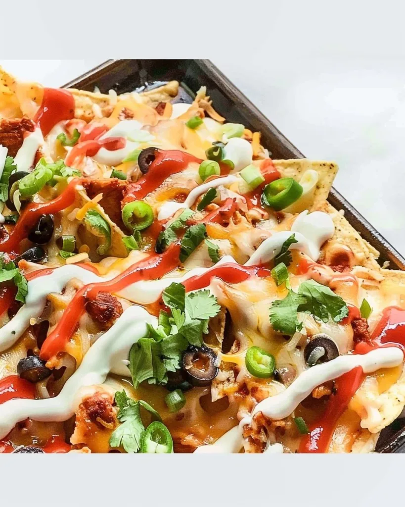 Delicious BBQ chicken nachos topped with cheese, jalapeños, and fresh herbs.
