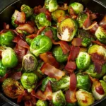 Delicious Brussels sprouts sautéed with crispy bacon in a serving dish