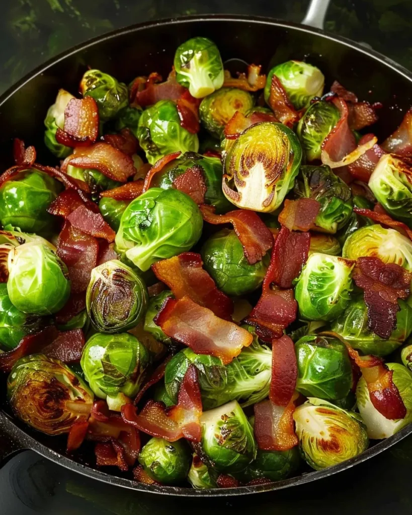 Delicious Brussels sprouts sautéed with crispy bacon in a serving dish