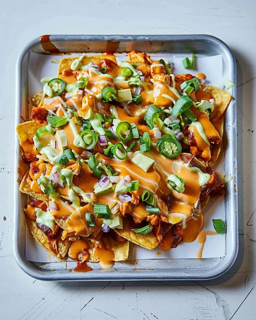 Delicious Buffalo Chicken Nachos topped with cheese and garnishes