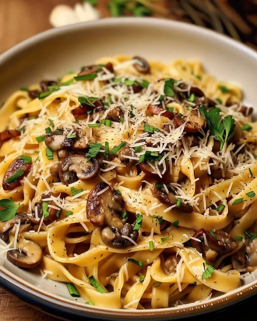 Caramelized leek and mushroom Gruyere pasta in a serving bowl