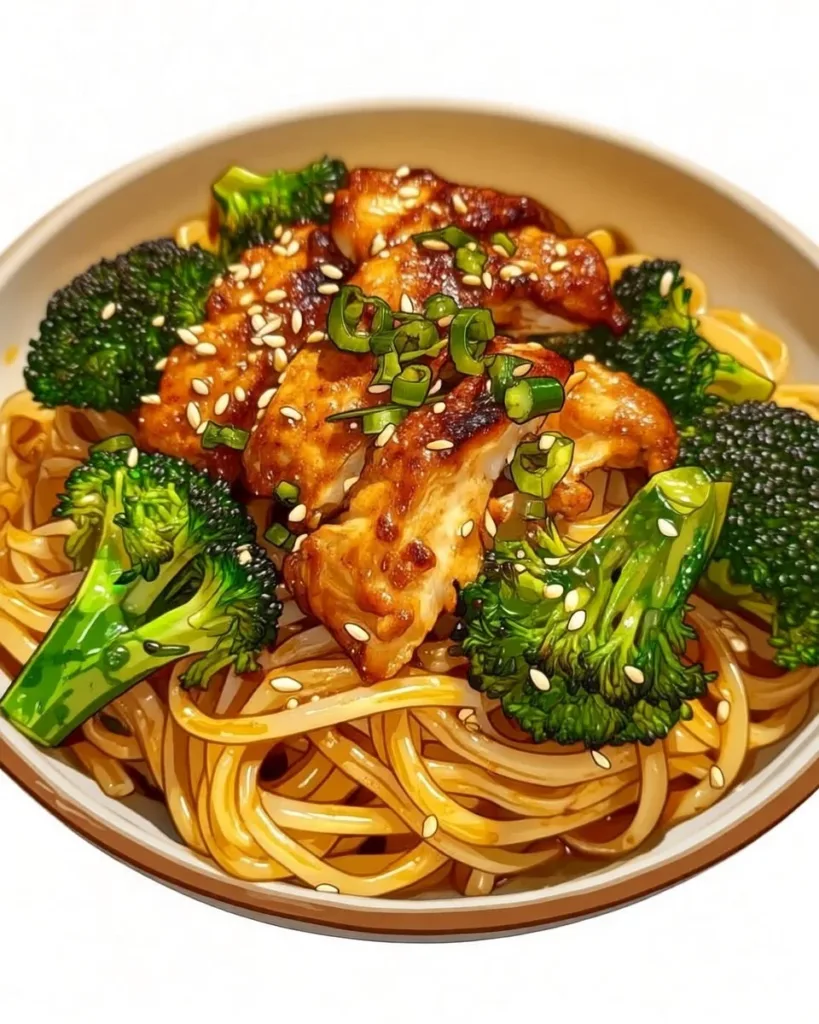Delicious chicken and broccoli noodle bowls topped with fresh herbs