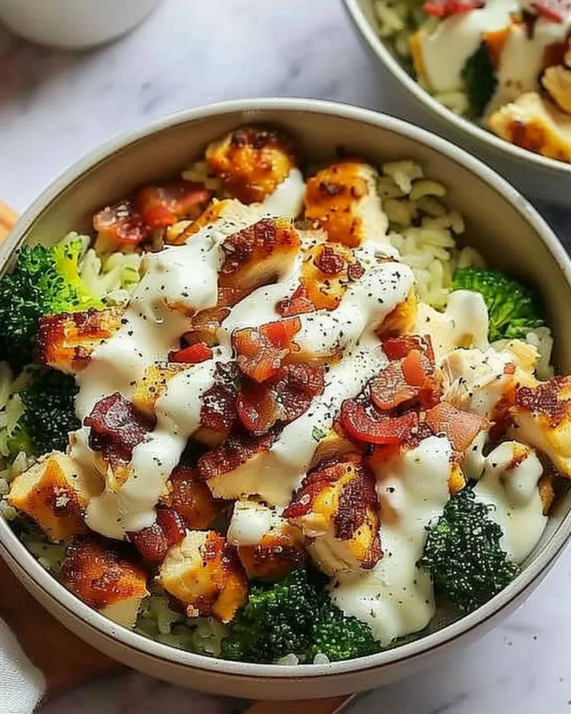 Delicious Chicken Bacon Ranch Keto Bowl topped with crispy bacon and fresh greens