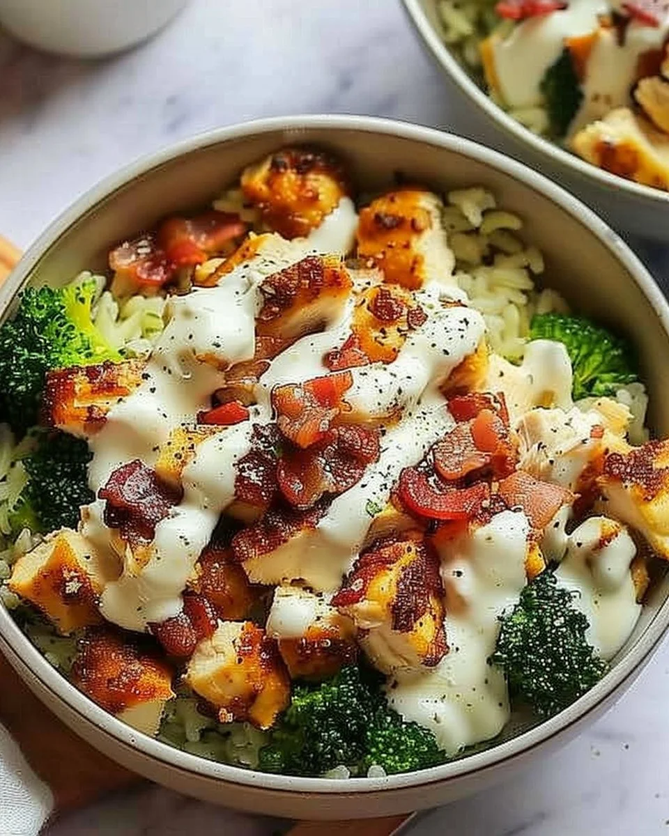 Delicious Chicken Bacon Ranch Keto Bowl topped with crispy bacon and fresh greens