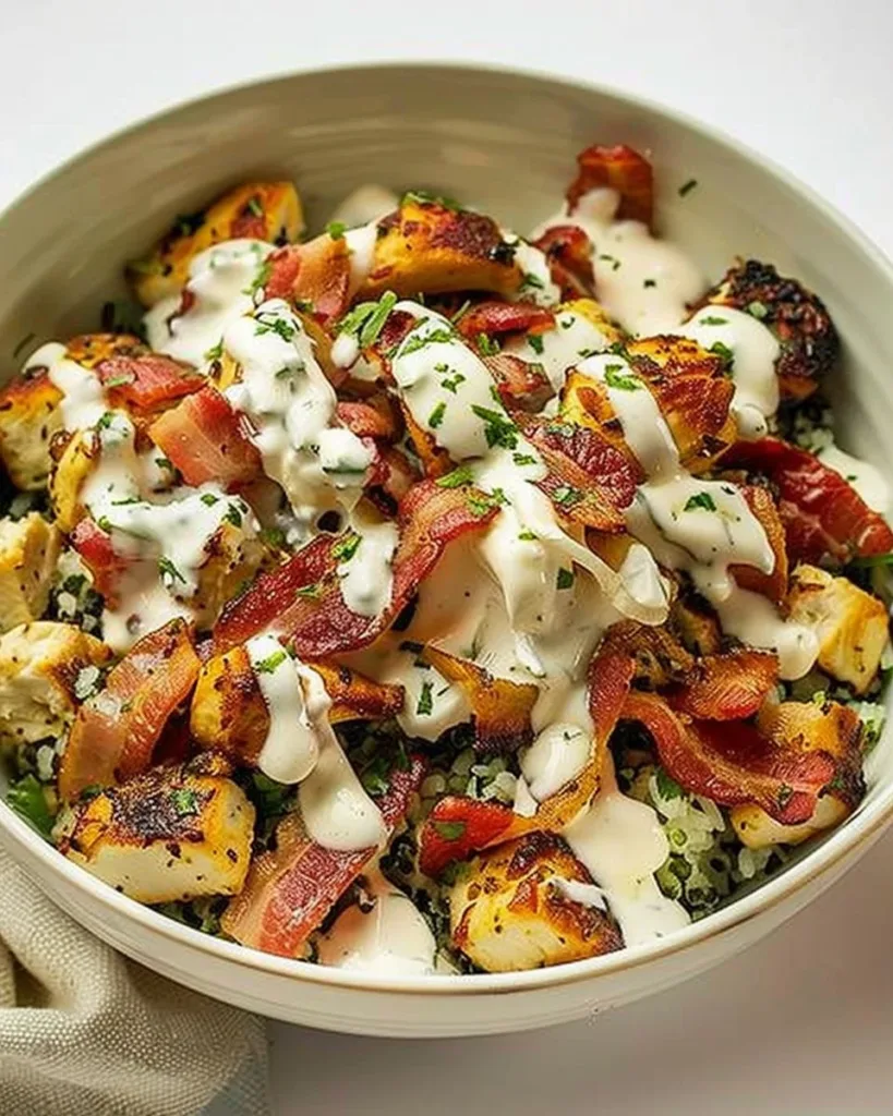Delicious Chicken Bacon Ranch Keto Bowl with fresh ingredients and toppings