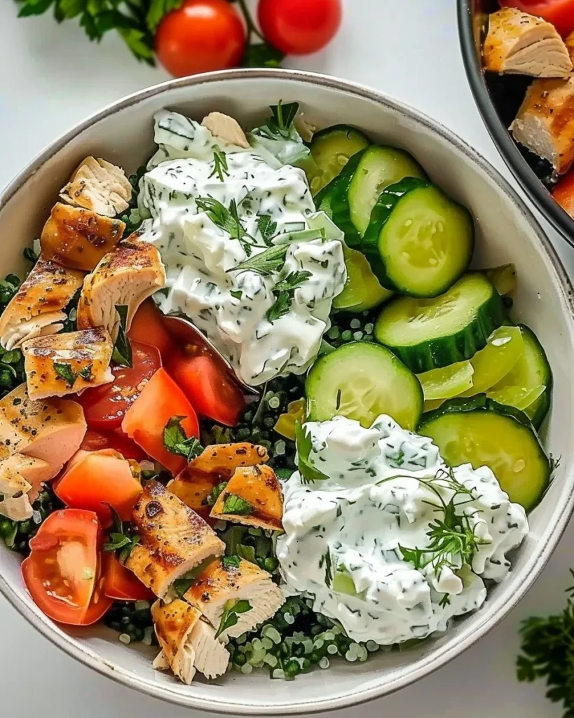 Chicken Tzatziki Bowl with fresh ingredients and tzatziki sauce
