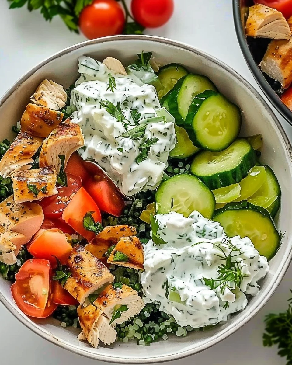 Chicken Tzatziki Bowl with fresh ingredients and tzatziki sauce