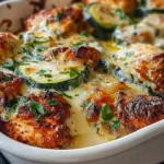 Delicious Chicken Zucchini Bake dish served on a plate with herbs.
